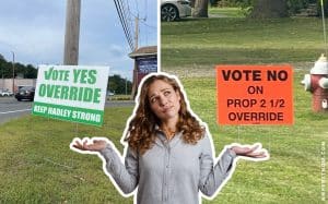 A graphic showing weighing the options of voting yes or no for the Hadley 2.5% override.