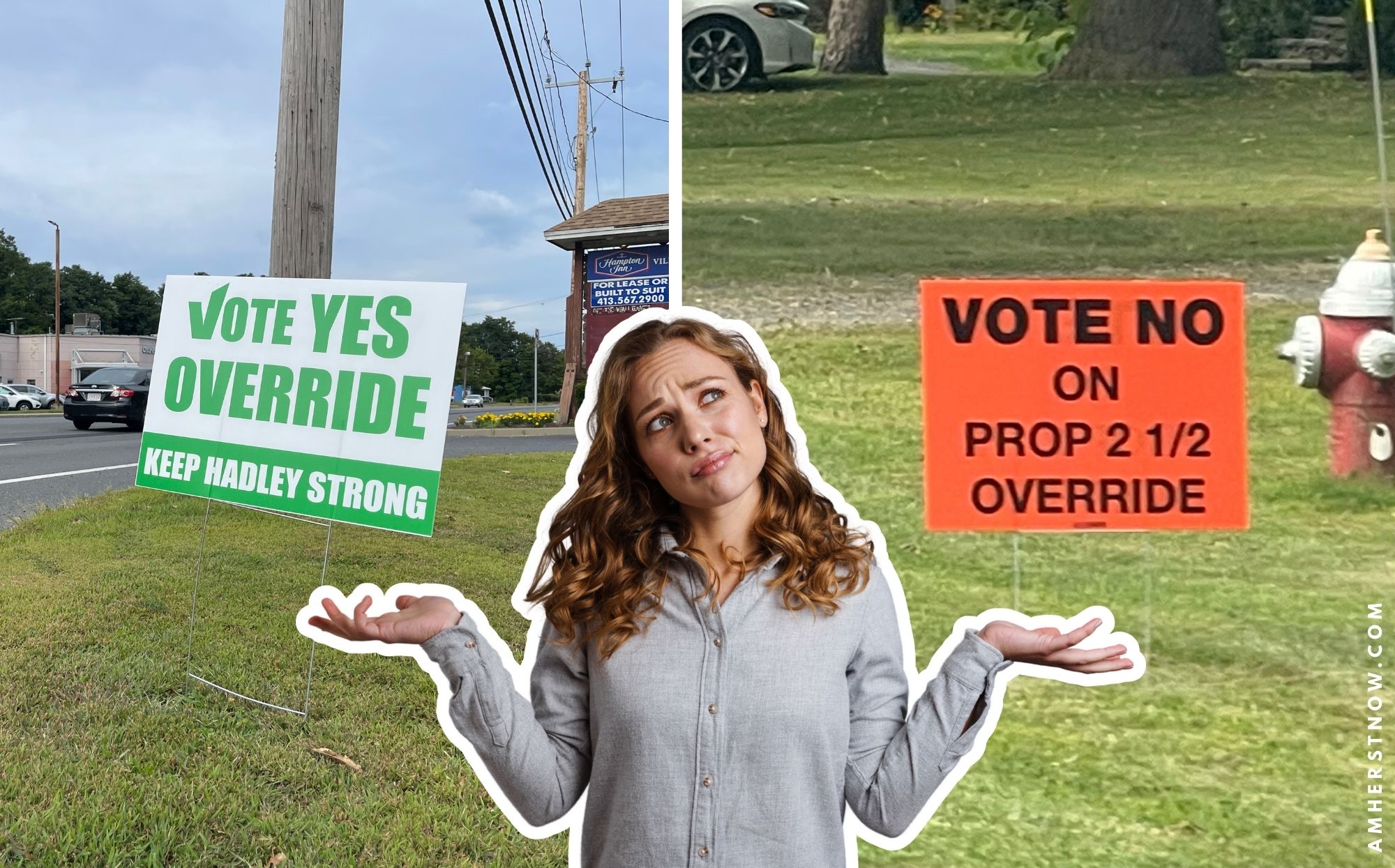 A graphic showing weighing the options of voting yes or no for the Hadley 2.5% override.