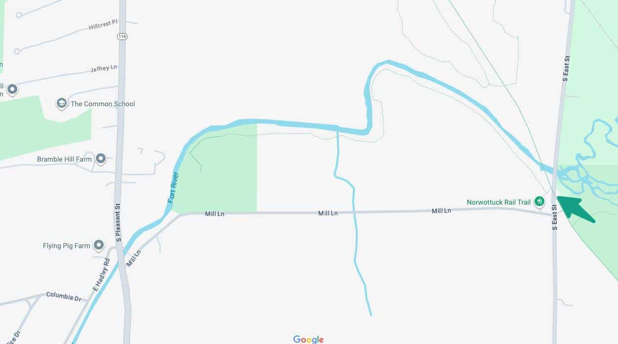 Location of the bridge on the Norwottuck Rail Trail over South East Street in Amherst.