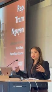 Rep Tram Nguyen speaks at the AAPI Roundtable Breakfast.