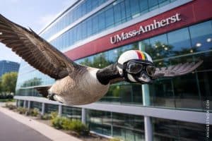 A graphic of a Canadian Goose with a helmet Zooming past a UMass building.