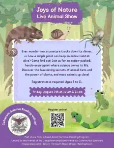 Live Animal Show – Aug 7, 10 AM & 11 AM, Clapp Library
